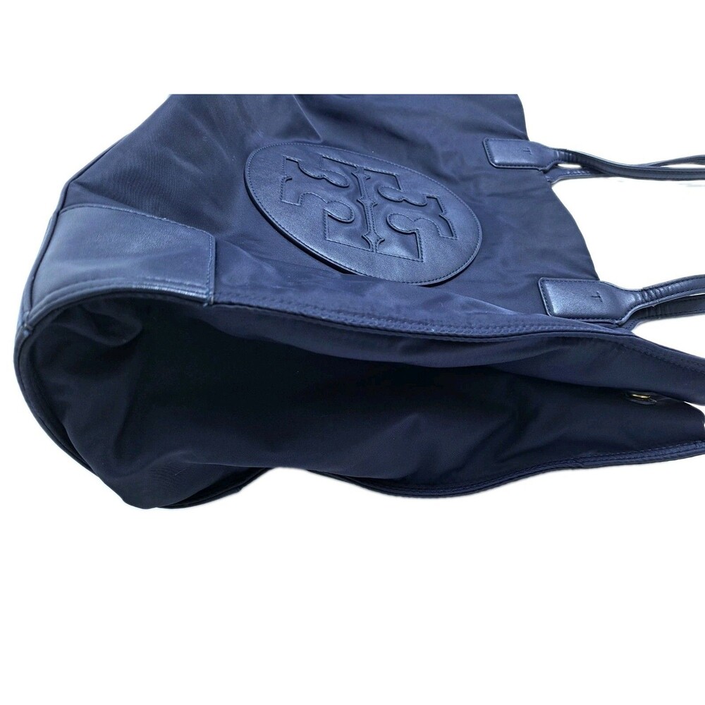Tory Burch Ella Nylon Leather Logo Tote Bag Blue Shoulder - Picture 3 of 10